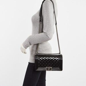 Chanel Black Quilted Patent Leather Medium Boy Bag